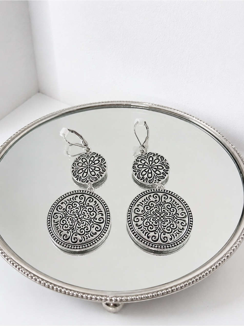 Silver Filigree Double Disc Drop Earrings - Women Jewelry